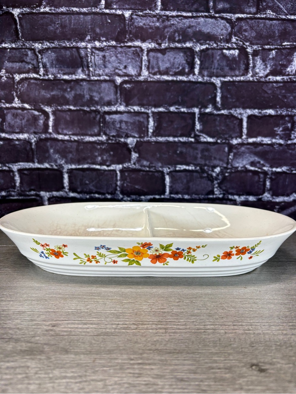 Vintage 1980 Sweet Flowers Stoneware Divided Serving Dish